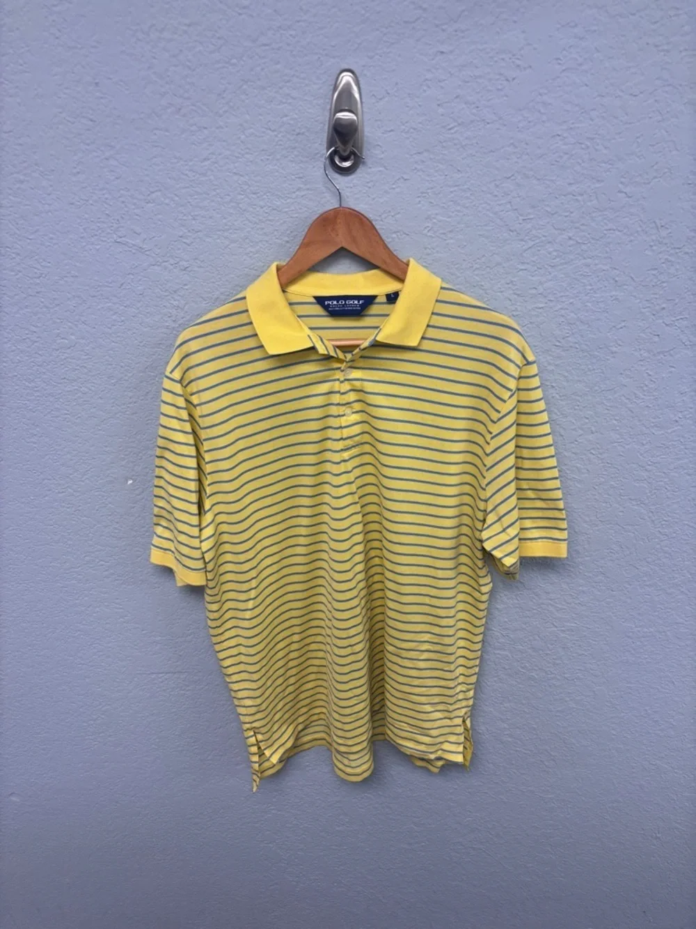 Ralph Lauren M’s Lg Polo Golf in Yellow with Navy Stripes. Pima Cotton. Soft!